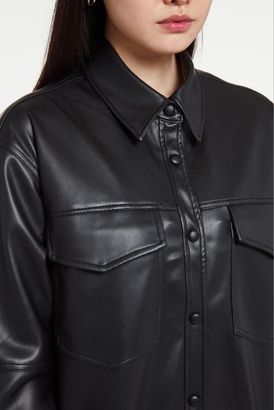 Women's Black Trucker Leather Shirt with Classic Fit