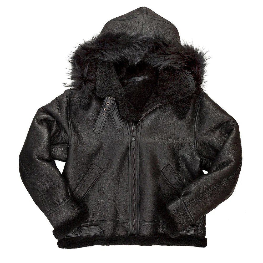 Men’s Black B-3 Hooded Shearling Bomber Jacket