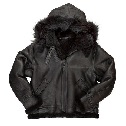 Men’s Black B-3 Hooded Shearling Bomber Jacket