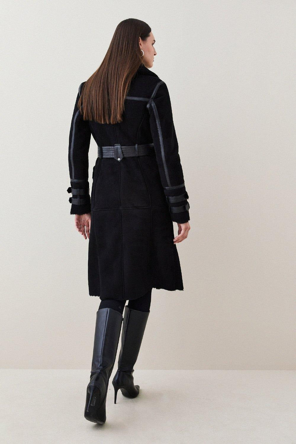 Women's Black Suede Leather Shearling Coat with Luxurious Design