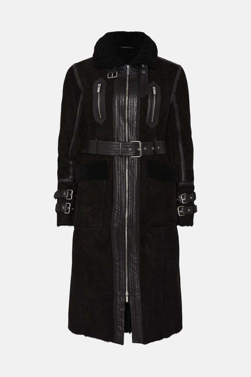 Women's Black Suede Leather Shearling Coat with Luxurious Design