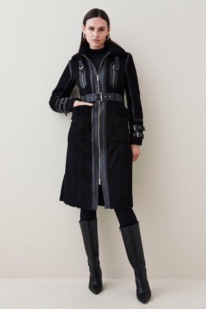 Women's Black Suede Leather Shearling Coat with Luxurious Design