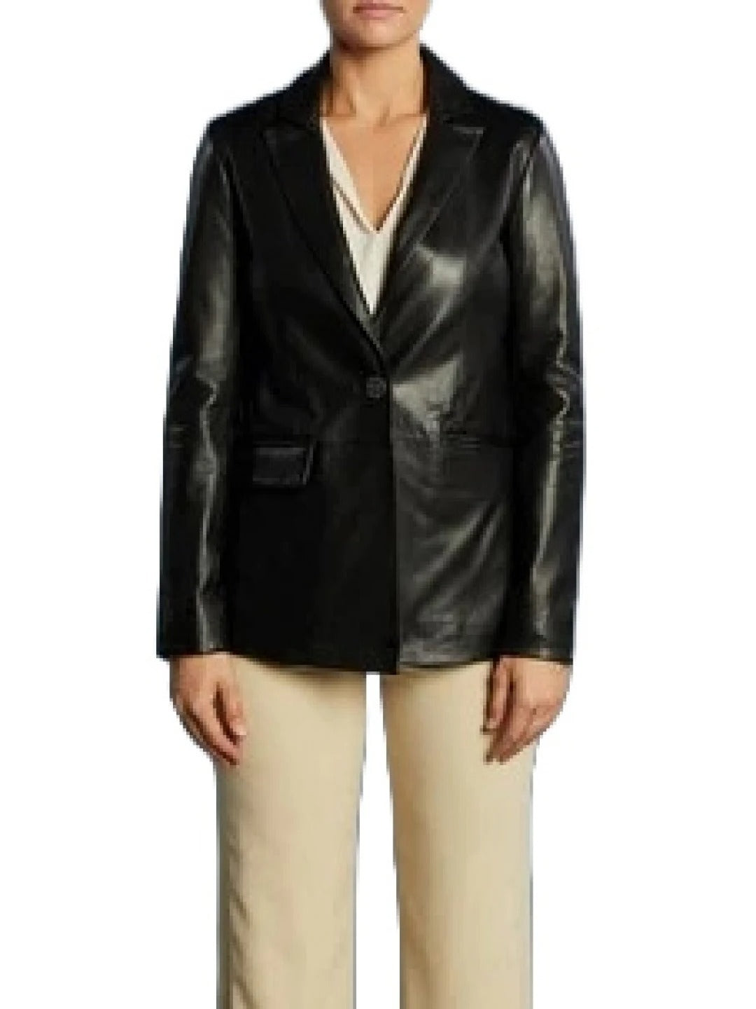 Women's Black Leather One Button Blazer Sleek & Stylish Outerwear