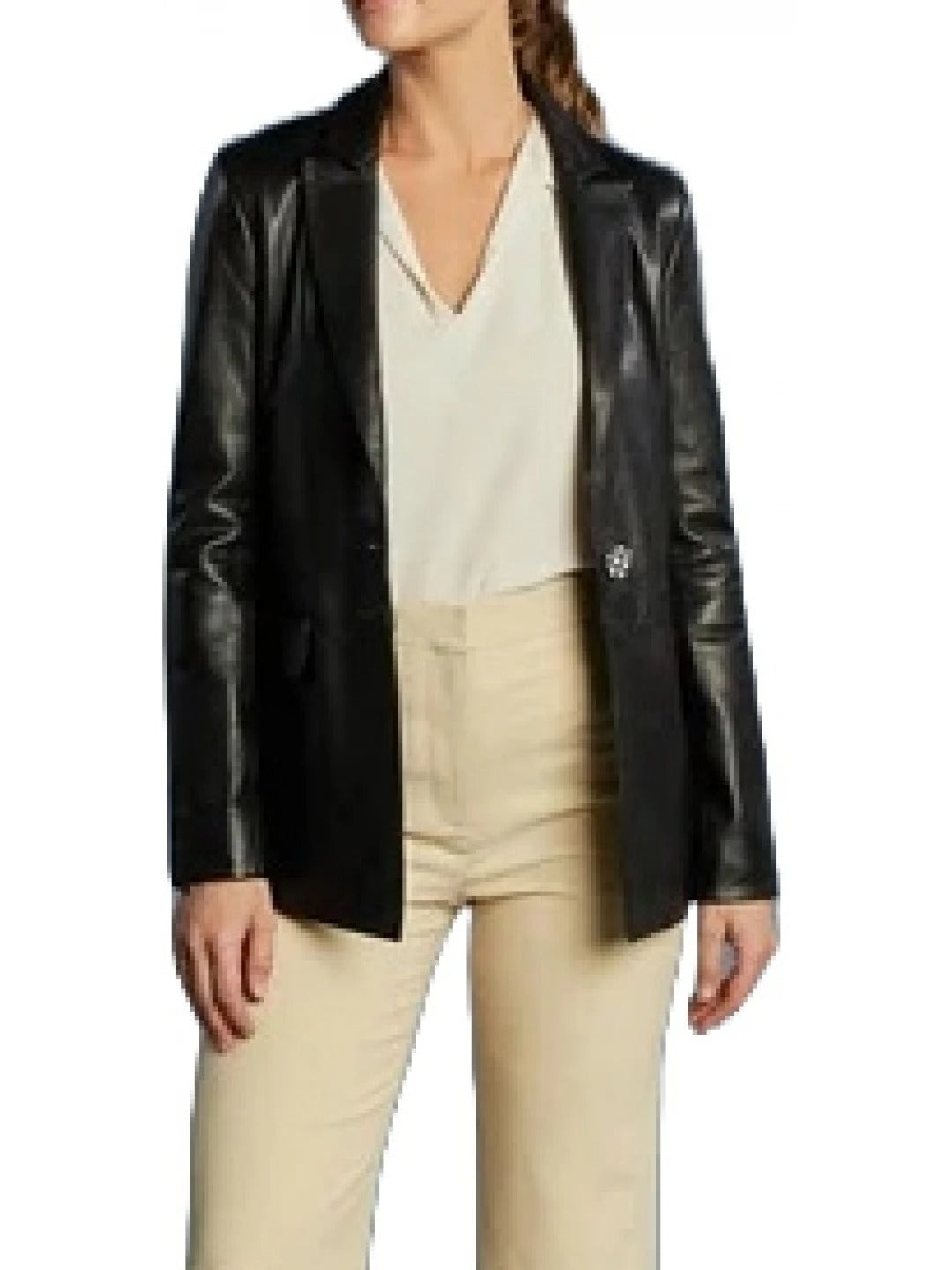 Women's Black Leather One Button Blazer Sleek & Stylish Outerwear