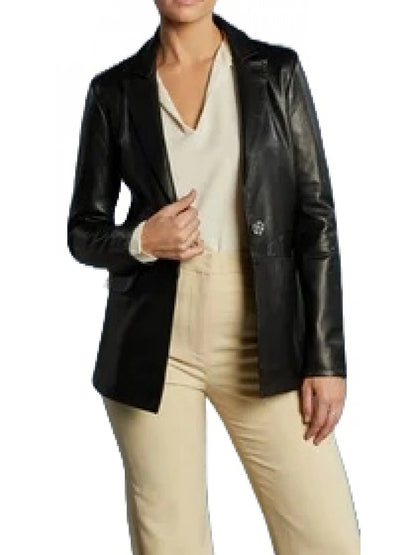 Women's Black Leather One Button Blazer Sleek & Stylish Outerwear