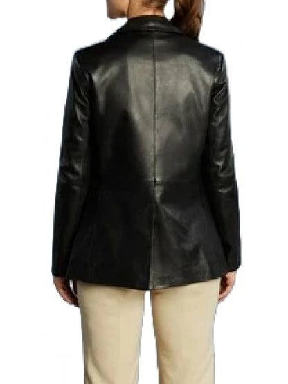 Women's Black Leather One Button Blazer Sleek & Stylish Outerwear