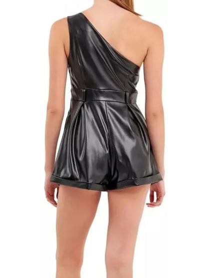 Avanzar Leather Black Leather One Shoulder Romper