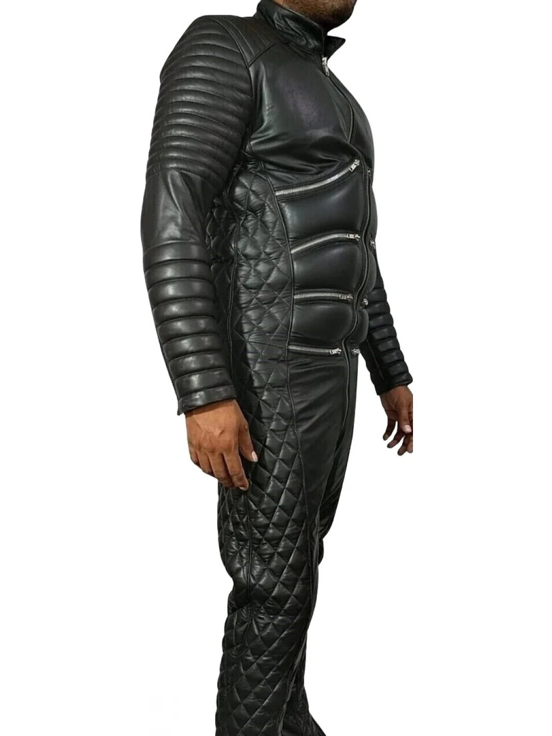 Avanzar Leather Men's Black Leather Quilted Bikersuit Jumpsuit