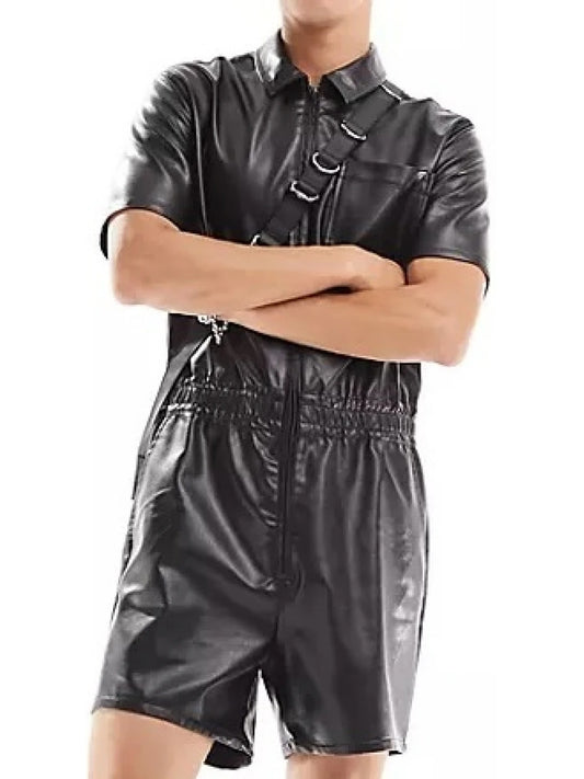 Avanzar Leather Women's Black Leather Short Jumpsuit