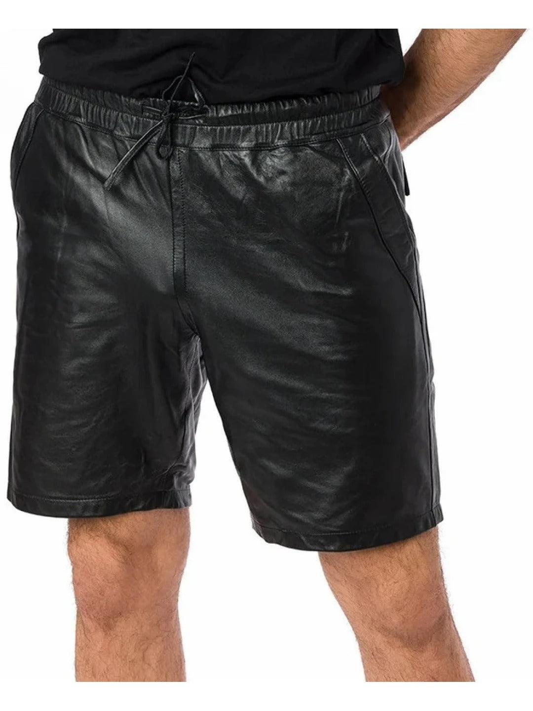 Men’s Black Leather Shorts with Elastic Waistband – Sleek and Comfortable