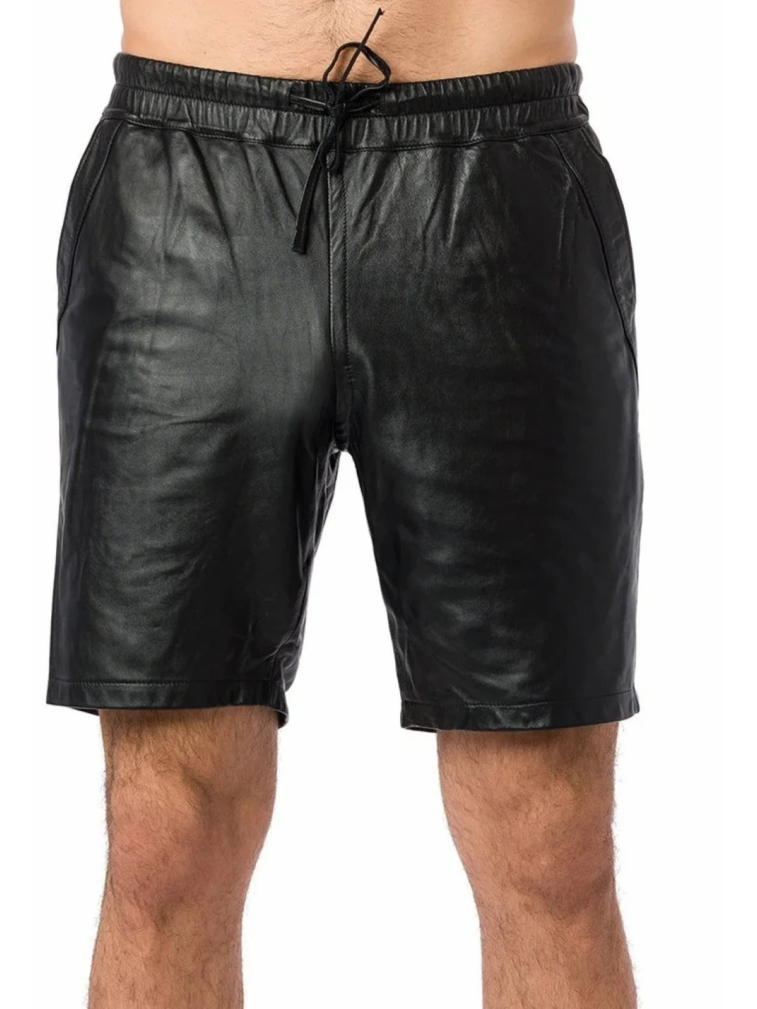 Men’s Black Leather Shorts with Elastic Waistband – Sleek and Comfortable