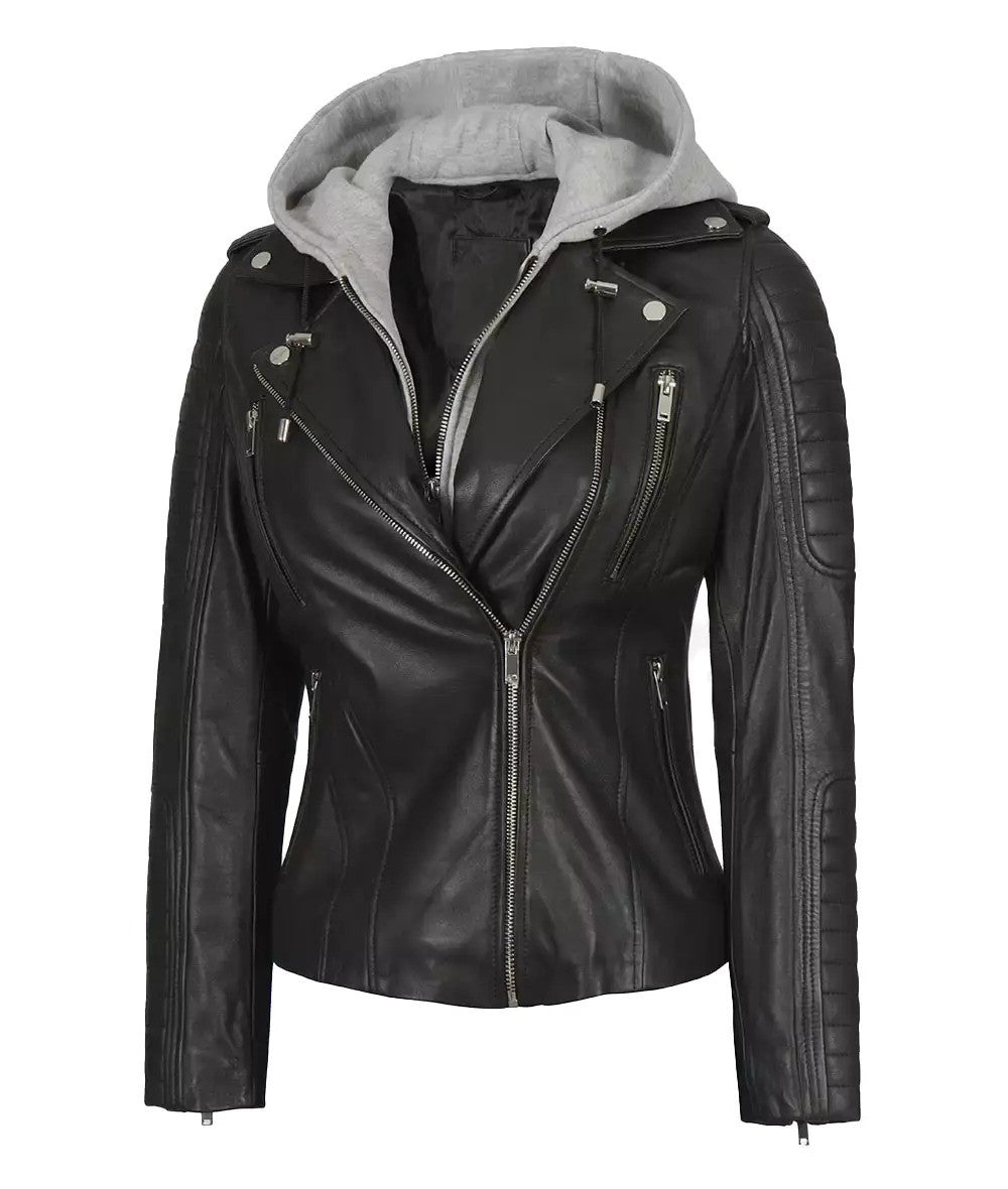 Women’s Black Leather Hooded Jacket – Avanzar Leather