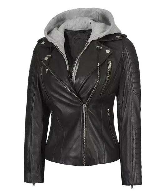 Women’s Black Leather Hooded Jacket – Avanzar Leather