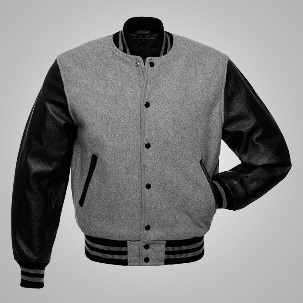 Men's Black and Grey Baseball Letterman Jacket