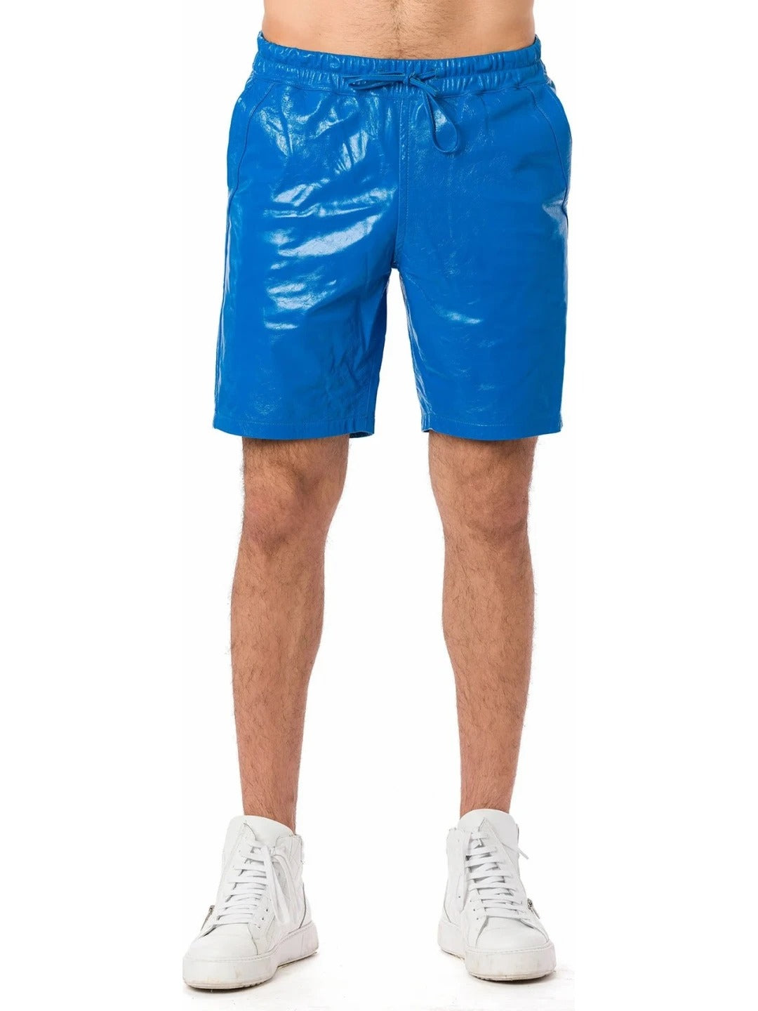 Men’s Blue Leather Shorts with Elastic Waistband – Bold and Comfortable