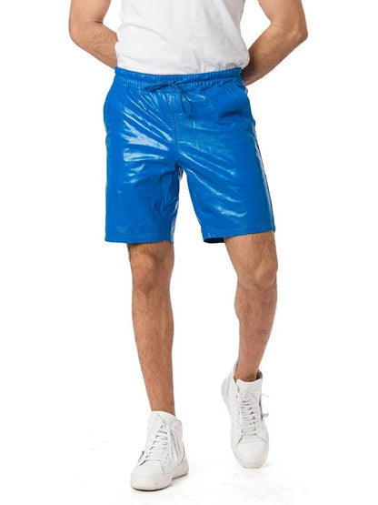 Men’s Blue Leather Shorts with Elastic Waistband – Bold and Comfortable