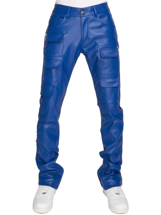 Blue Leather Stacked Cargo Pants for Men by Avanzar Leather