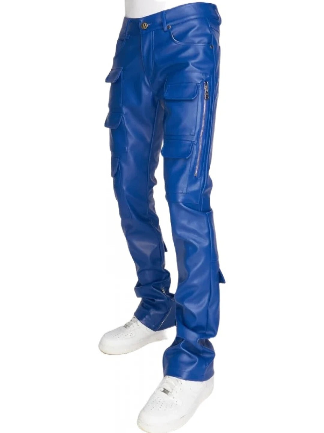 Blue Leather Stacked Cargo Pants for Men by Avanzar Leather