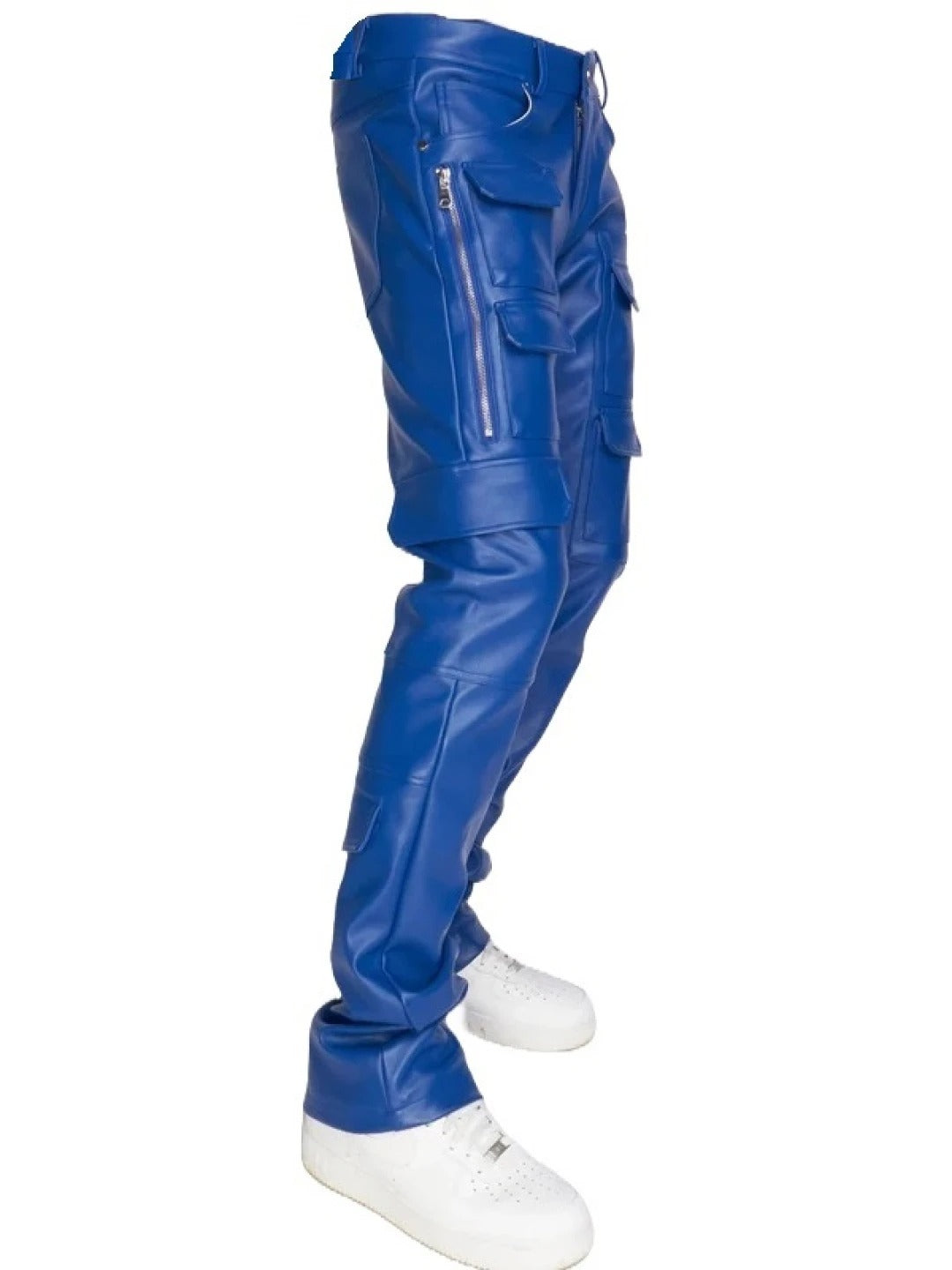 Blue Leather Stacked Cargo Pants for Men by Avanzar Leather