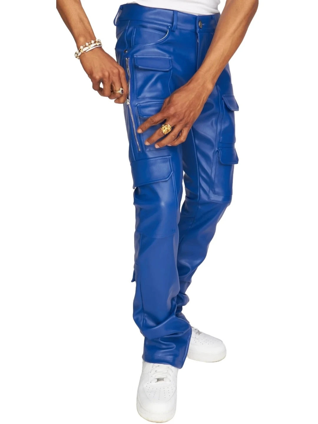 Blue Leather Stacked Cargo Pants for Men by Avanzar Leather