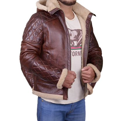 Men's Brown Shearling Jacket with Hoodie - Cozy & Stylish