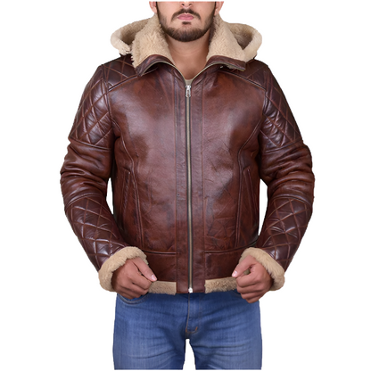 Men's Brown Shearling Jacket with Hoodie - Cozy & Stylish