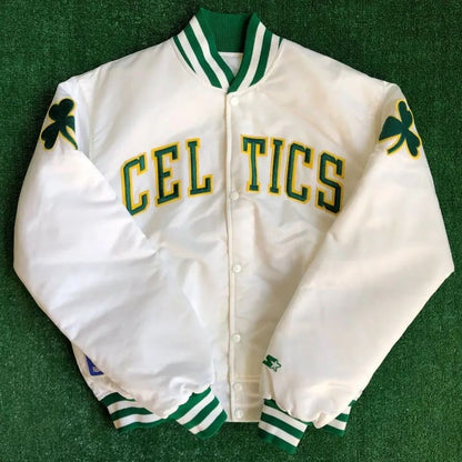 Boston Celtics Green Satin Bomber Jacket – Classic Varsity Style
