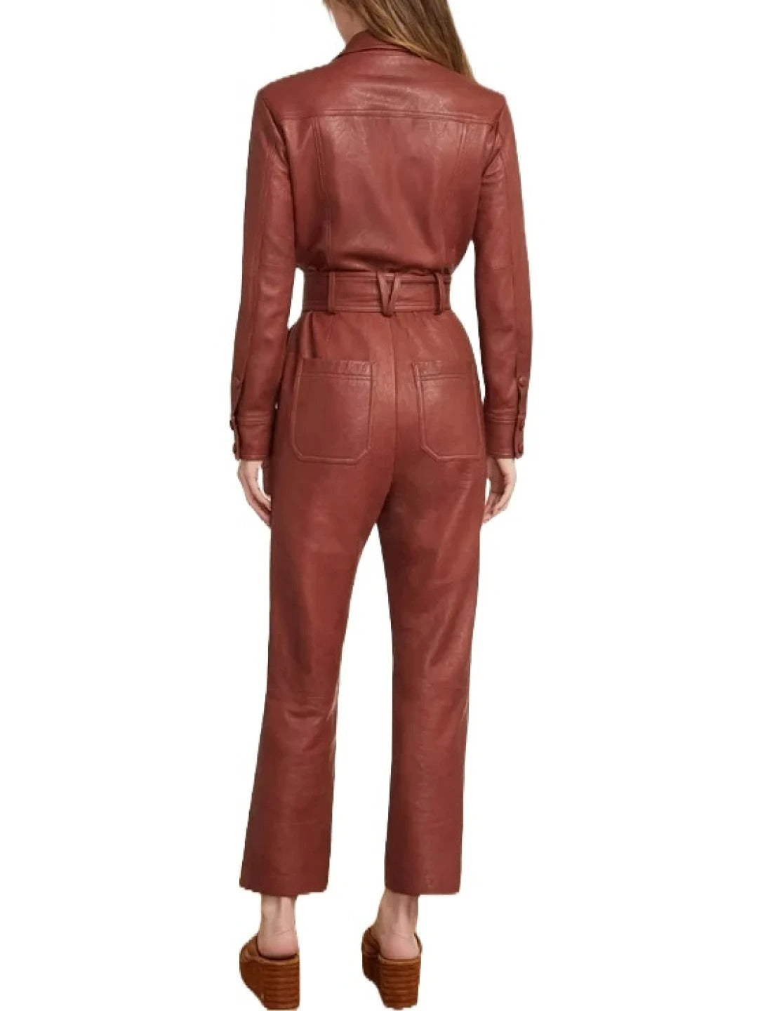 Avanzar Leather Brown Belted Leather Jumpsuit