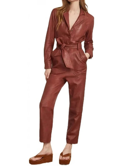 Avanzar Leather Brown Belted Leather Jumpsuit