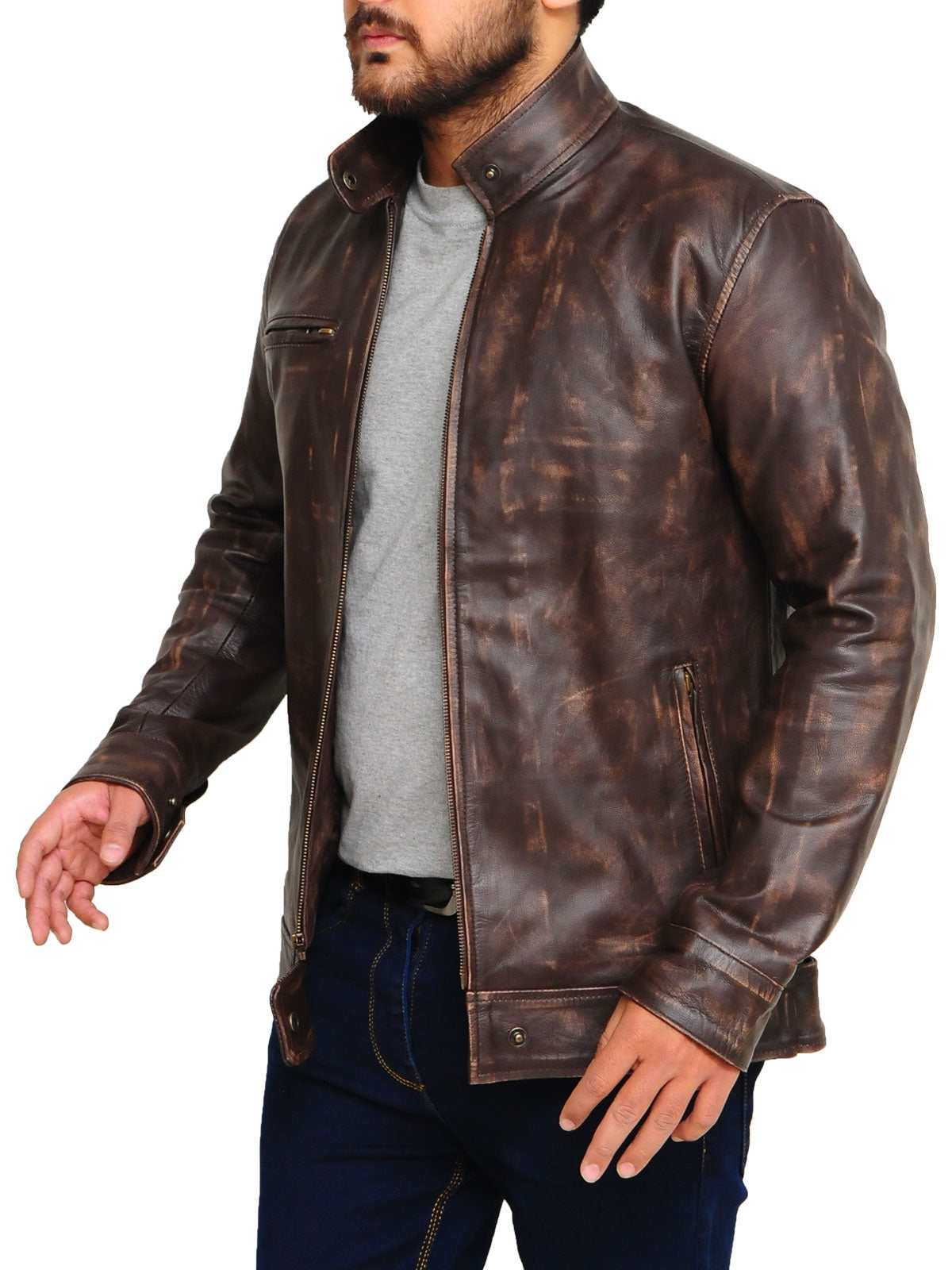 Premium Avanzar Distressed Brown Snap Tab Leather Jacket