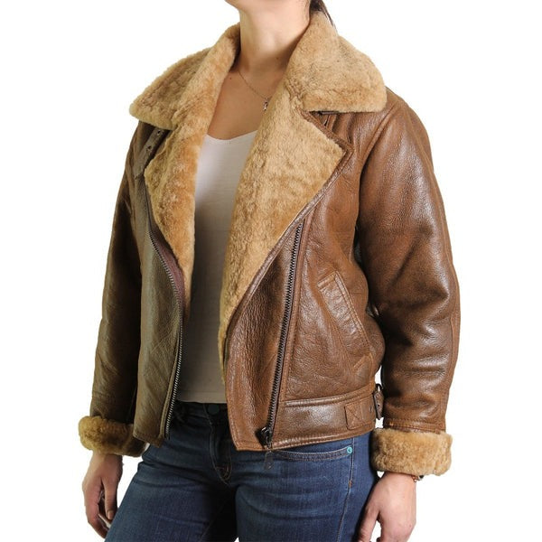 Women’s Brown Leather Sheepskin Shearling Jacket by Avanzar Leather
