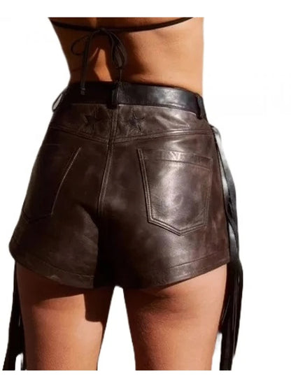 Women’s Brown Leather Star Cut-Out Fringe Shorts – Bold and Trendy