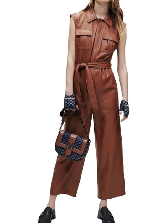 Avanzar Leather Brown Sleeveless Leather Jumpsuit