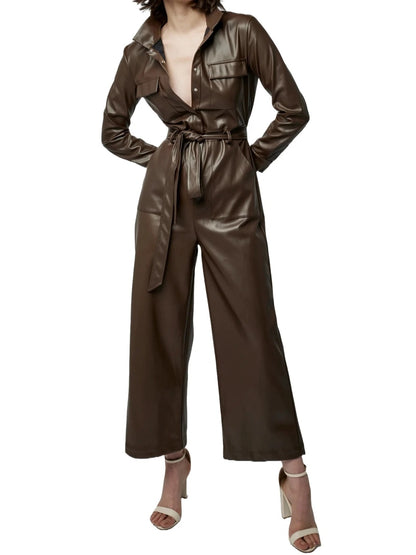 Avanzar Leather Brown Wide Leg Leather Jumpsuit