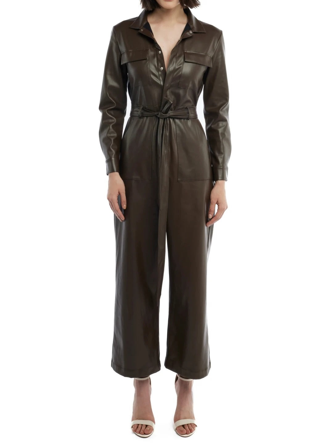 Avanzar Leather Brown Wide Leg Leather Jumpsuit