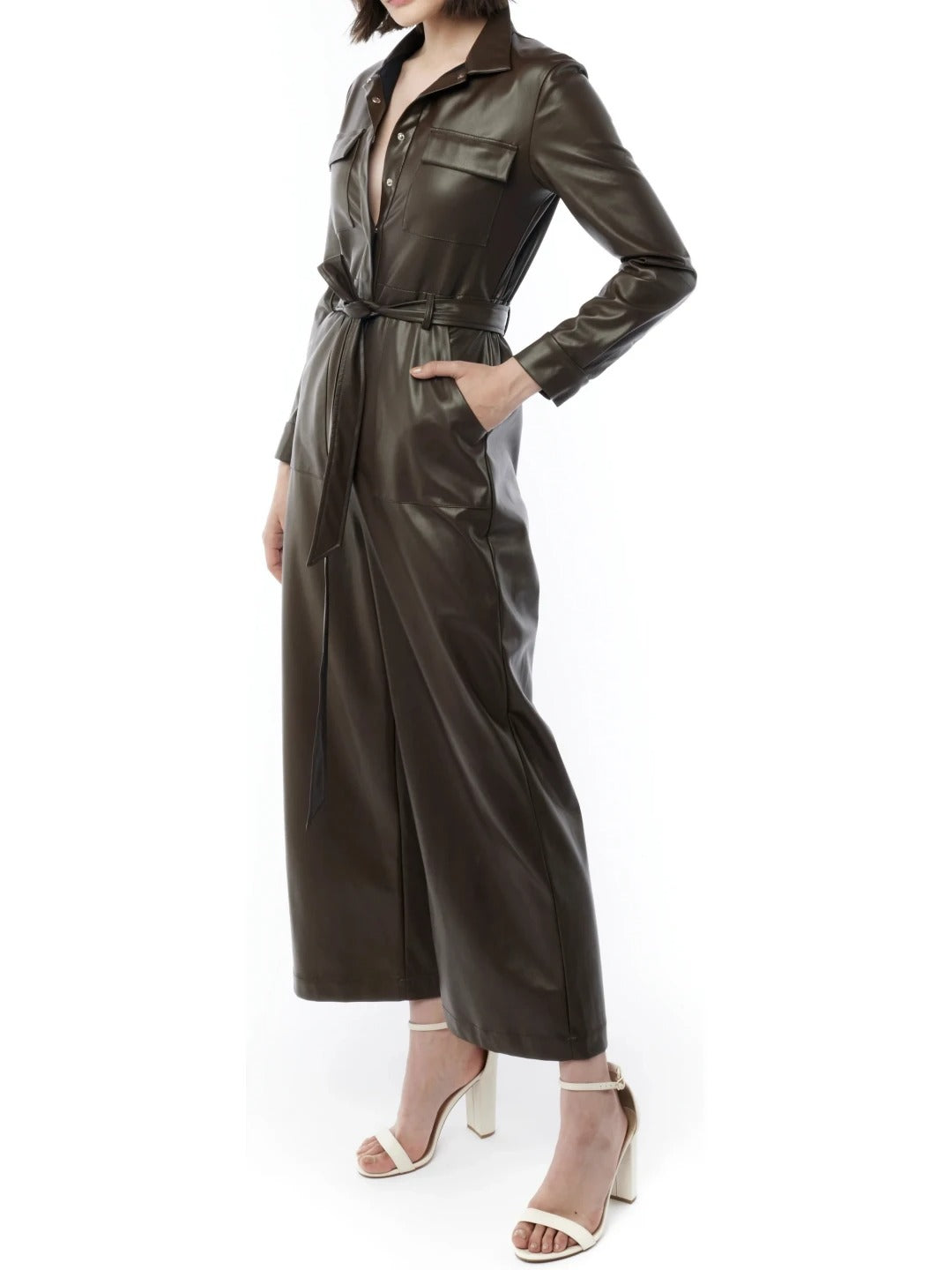 Avanzar Leather Brown Wide Leg Leather Jumpsuit