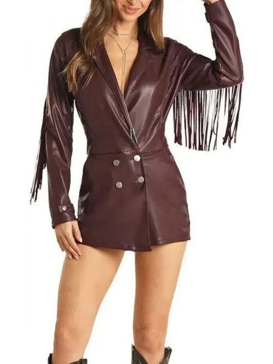 Avanzar Leather Burgundy Leather Romper with Fringe