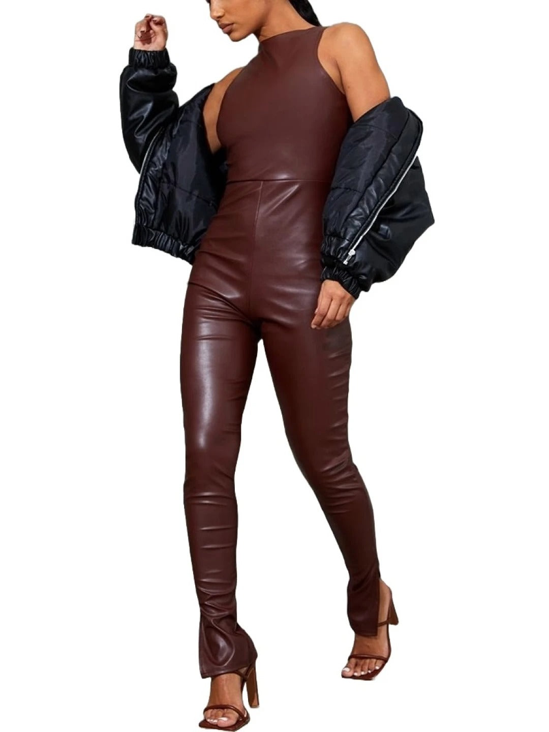 Avanzar Leather Burgundy Leather Split Hem Jumpsuit