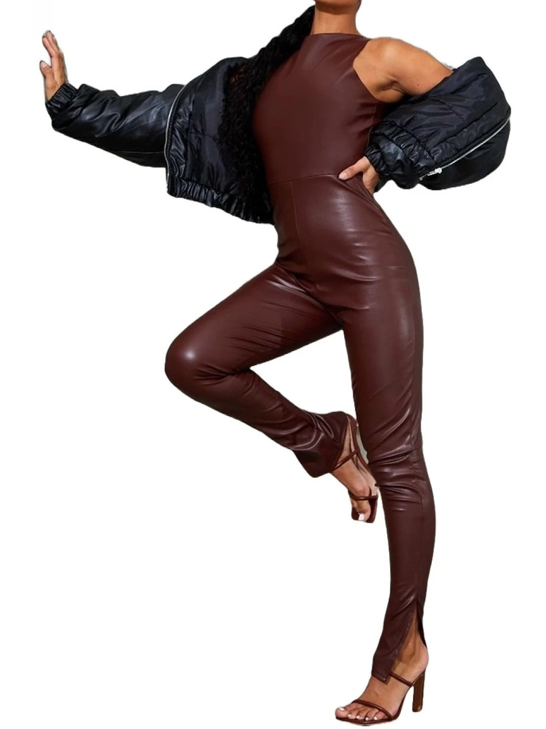 Avanzar Leather Burgundy Leather Split Hem Jumpsuit