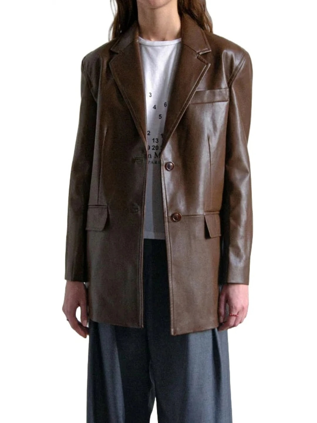 Women’s Button Cuff Brown Leather Blazer Classic & Stylish Outerwear