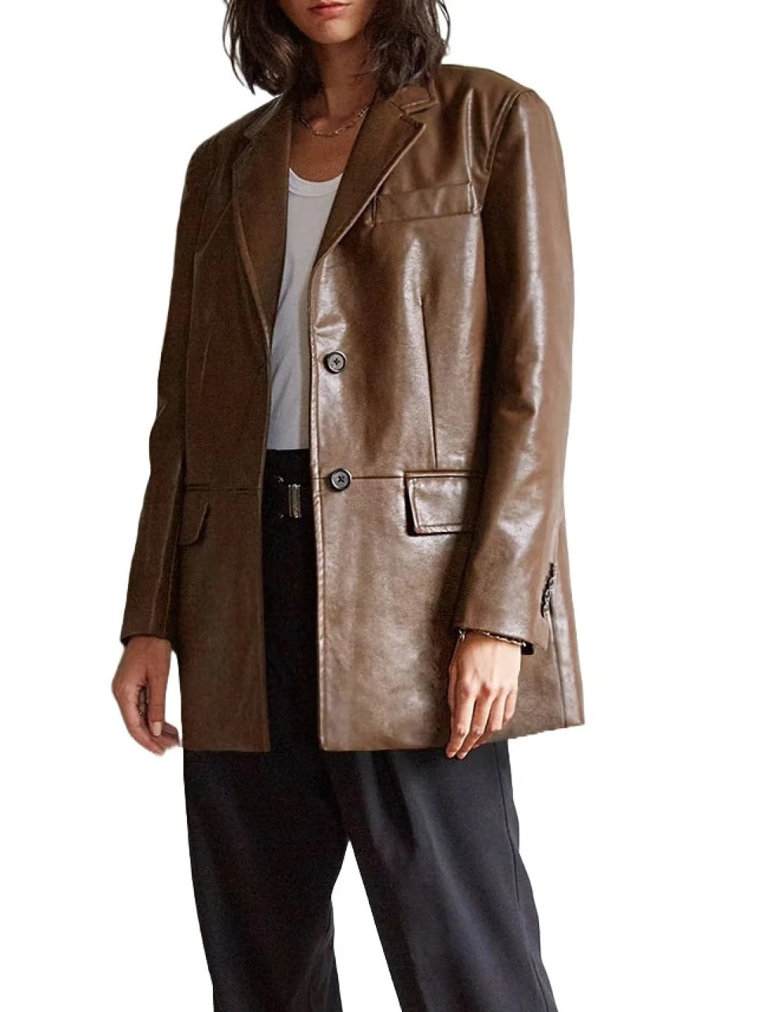 Women’s Button Cuff Brown Leather Blazer Classic & Stylish Outerwear