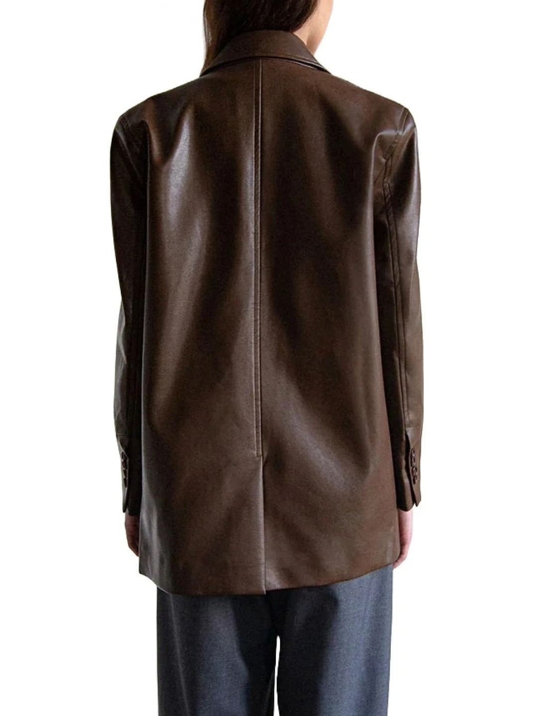 Women’s Button Cuff Brown Leather Blazer Classic & Stylish Outerwear