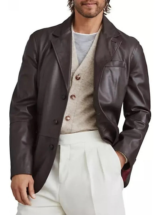 Timeless Buttoned Cuffs Brown Leather Blazer Avanzar Leather