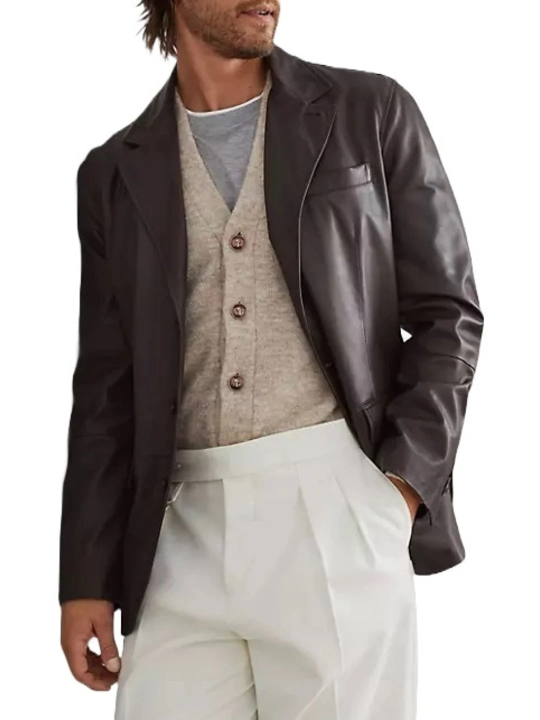 Timeless Buttoned Cuffs Brown Leather Blazer Avanzar Leather