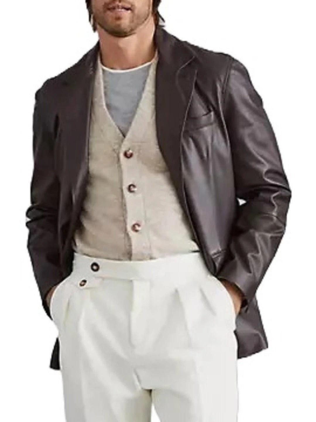 Timeless Buttoned Cuffs Brown Leather Blazer Avanzar Leather