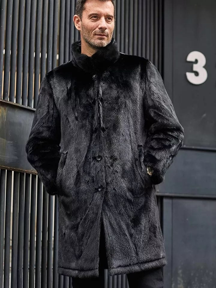 Men's Double-Sided Long Fur Shearling Leather Coat in Black