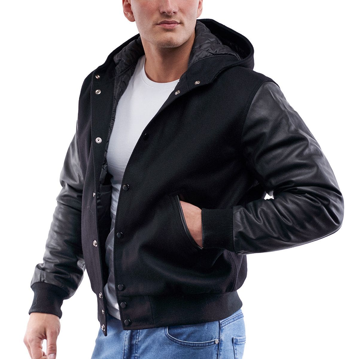 Men's Letterman Varsity Leather Jacket in Black with Hood