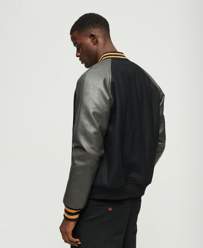 Men's Bomber Varsity Leather Jacket in Black