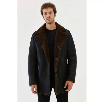 Men's Dark Brown Fur Shearling Leather Coat in Black