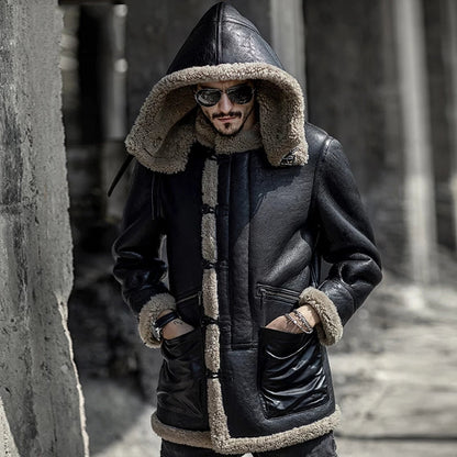 Men's Black Double-Sided B7 Gray Fur Shearling Leather Coat with Removable Hood